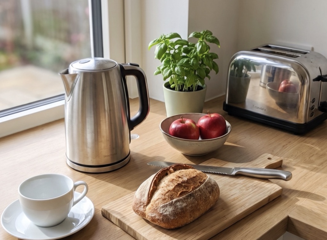 A sunlit kitchen counter with a kettle, basil plant, bread, cup, and toaster